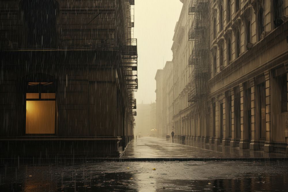 Rain in city outdoors street alley.
