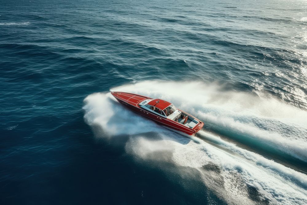 Speed boat moving fast in the ocean vehicle boating sports. AI generated Image by rawpixel.