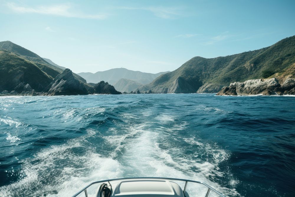 Speed boat driving in the ocean landscape outdoors vehicle. AI generated Image by rawpixel.