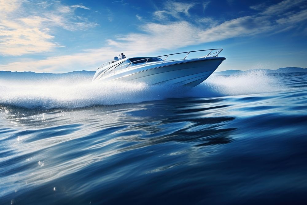 Speed boat moving fast in the ocean vehicle boating yacht. AI generated Image by rawpixel.