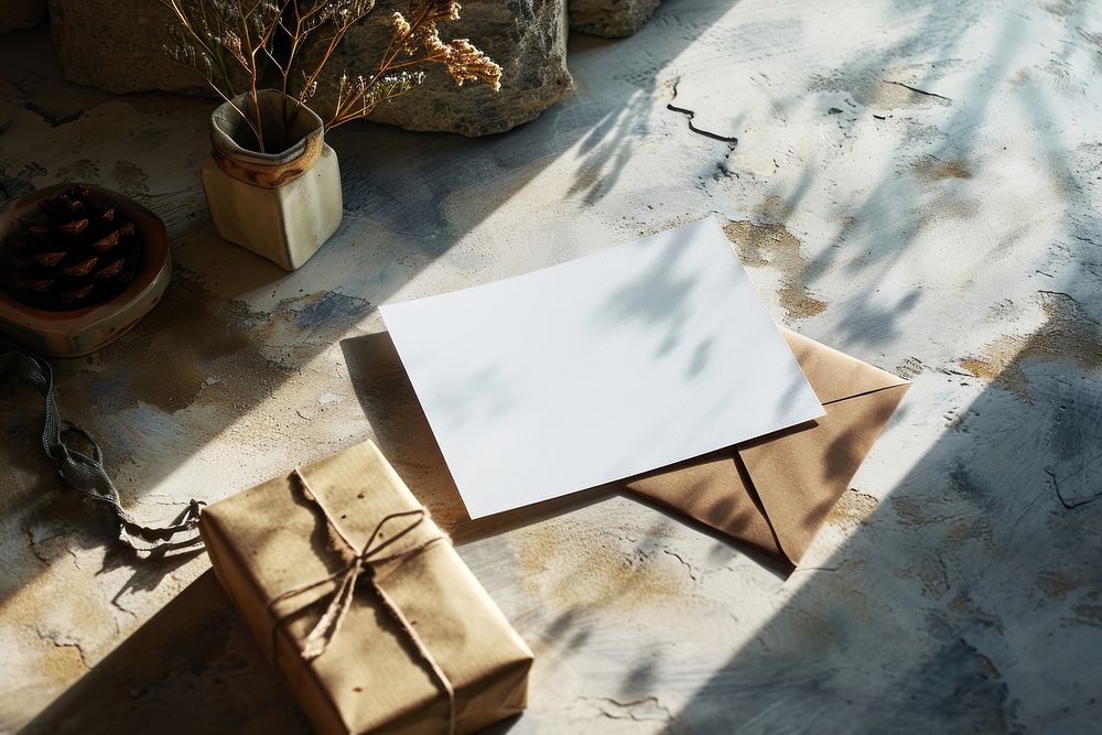 Diy blank birthday card table paper wood. AI generated Image by rawpixel.