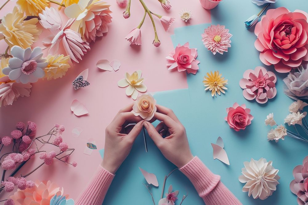 Person hand making papercraft flowers petal plant rose. AI generated Image by rawpixel.