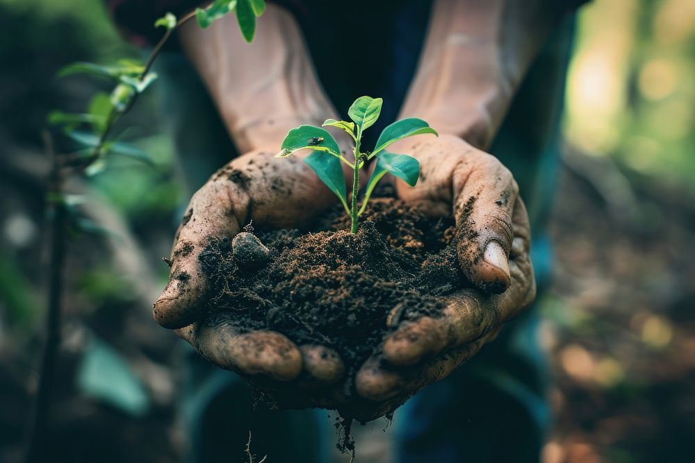 Person holding soil with a seedling gardening planting outdoors. AI generated Image by rawpixel.