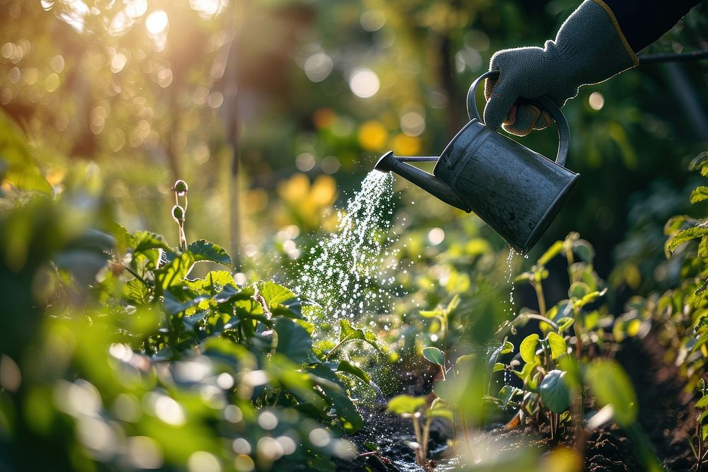 Person watering plants in the garden gardening outdoors nature. AI generated Image by rawpixel.