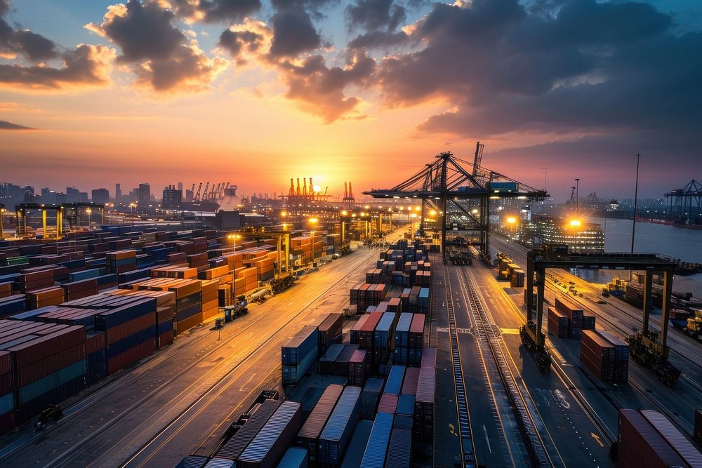 Container terminal at dawn architecture cityscape outdoors. AI generated Image by rawpixel.