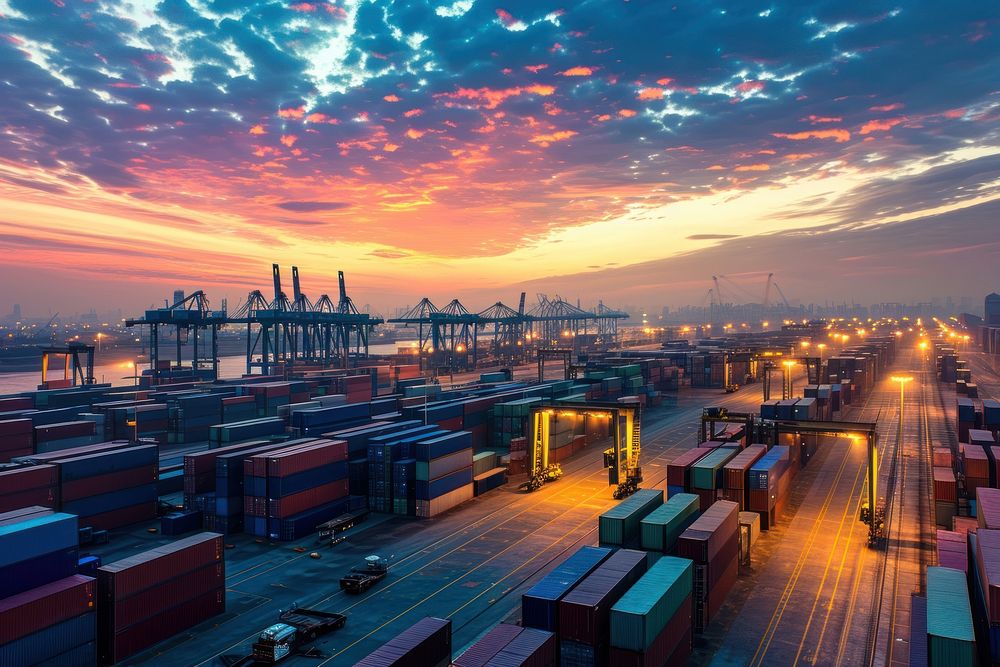 Container terminal at dawn vehicle port transportation. AI generated Image by rawpixel.