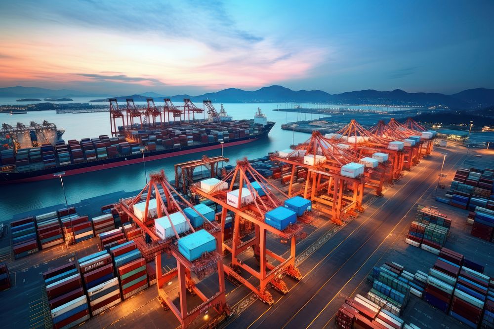 Container terminal at dusk vehicle port transportation. AI generated Image by rawpixel.