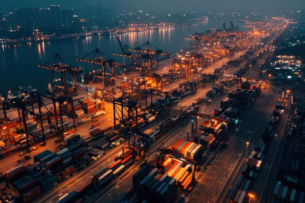 Container terminal at dusk architecture cityscape outdoors. AI generated Image by rawpixel.