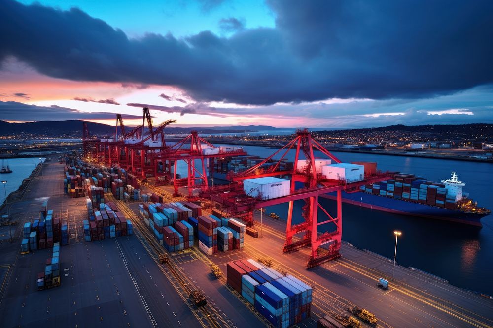 Container terminal at dusk outdoors vehicle infrastructure. AI generated Image by rawpixel.