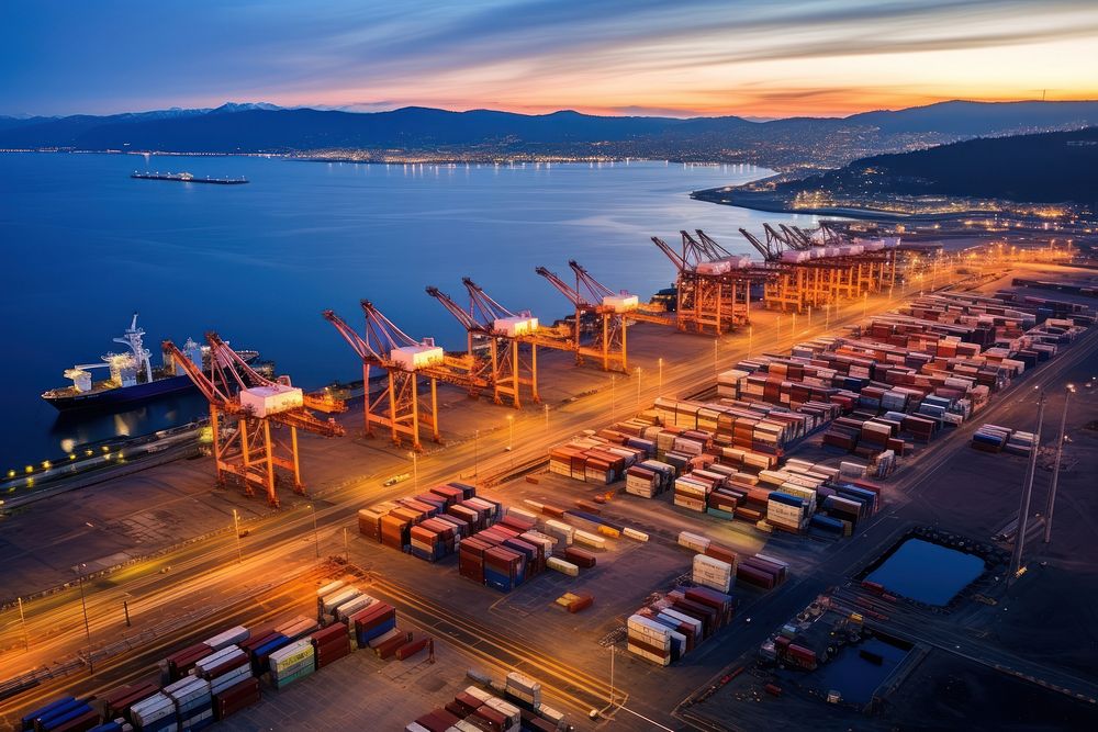 Container terminal at dusk outdoors harbor pier. AI generated Image by rawpixel.