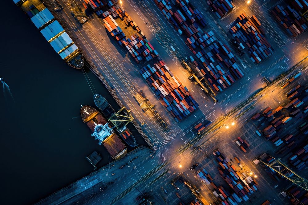 Container terminal at dusk architecture outdoors vehicle. AI generated Image by rawpixel.