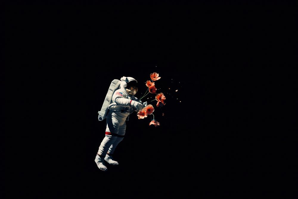 Astronaut floating with flower outdoors sports night. AI generated Image by rawpixel.