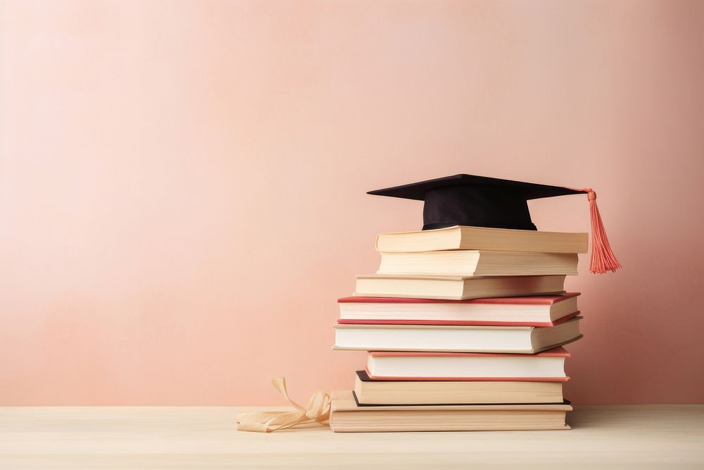 Graduation hat on a stack of books publication intelligence achievement. AI generated Image by rawpixel.