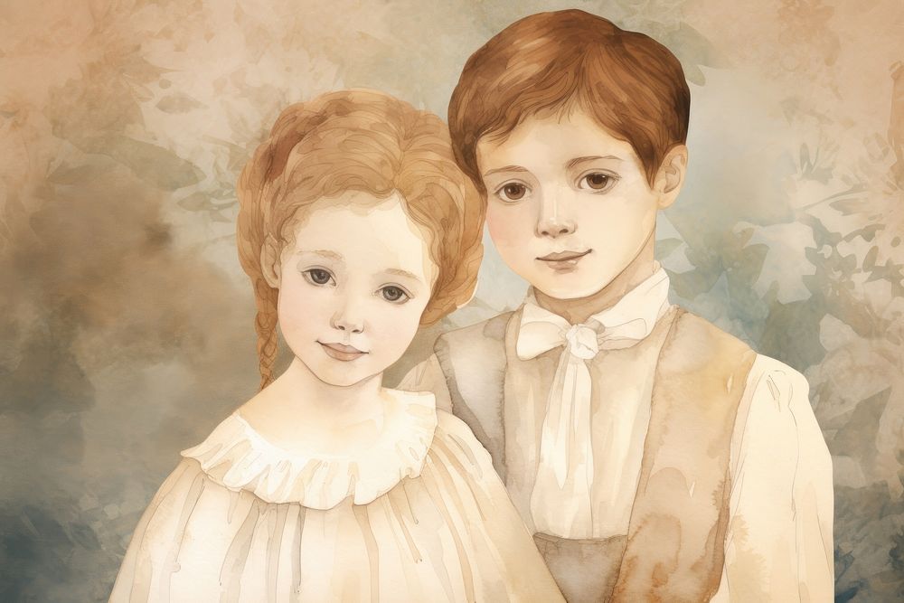 Illustration of kids couple painting portrait baby.