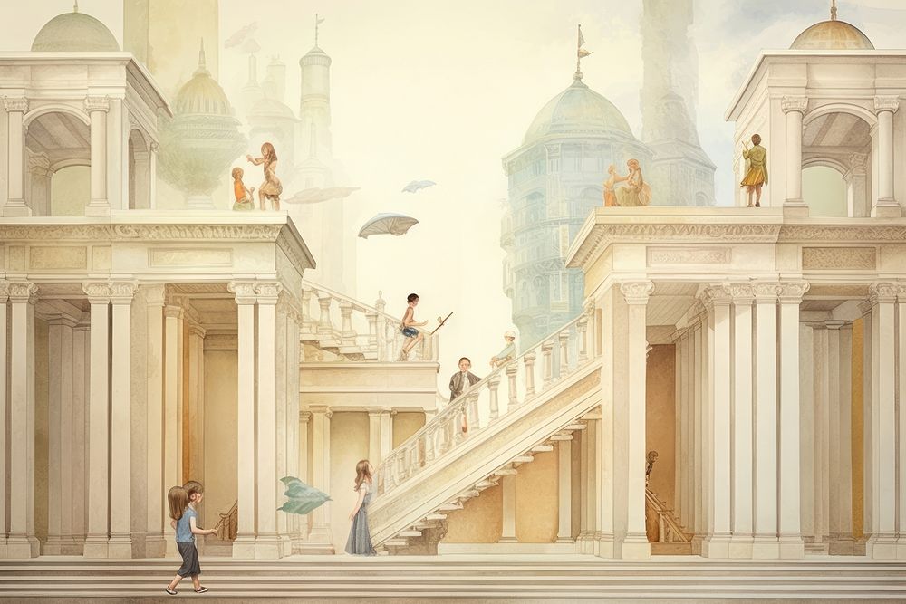 Illustration of kids architecture staircase building painting.