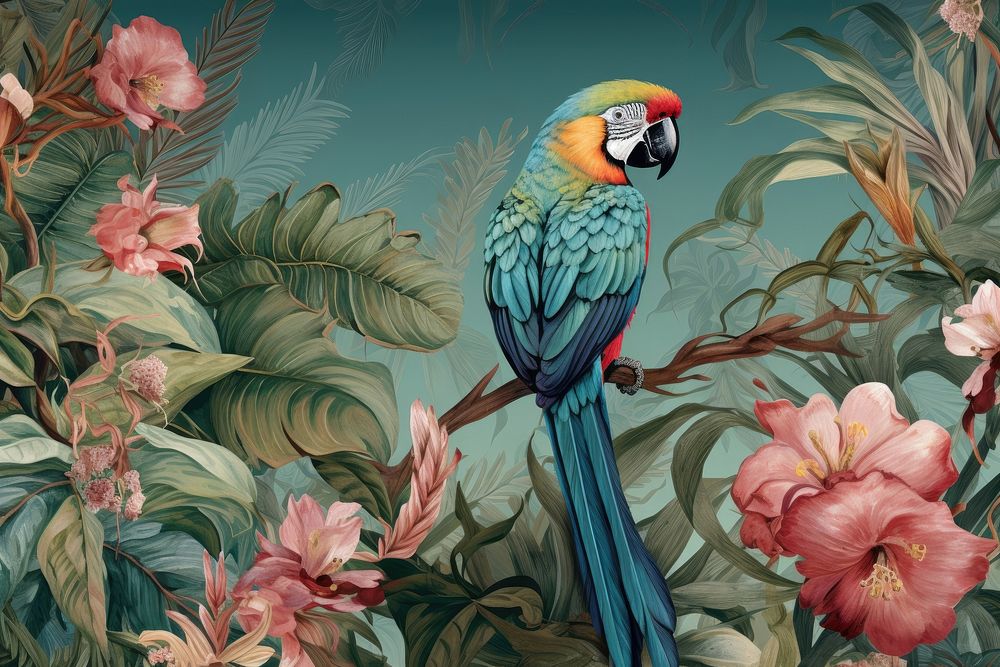 Macaw toile parrot animal plant.