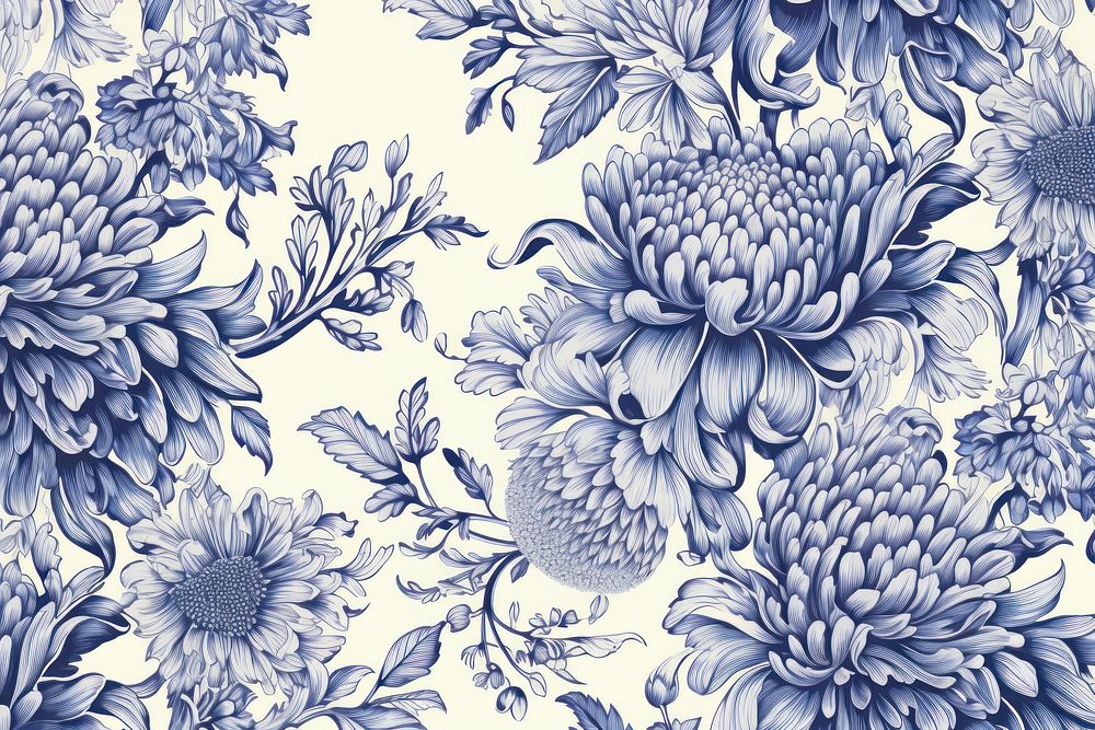 Blue Dahlia toile wallpaper pattern flower.