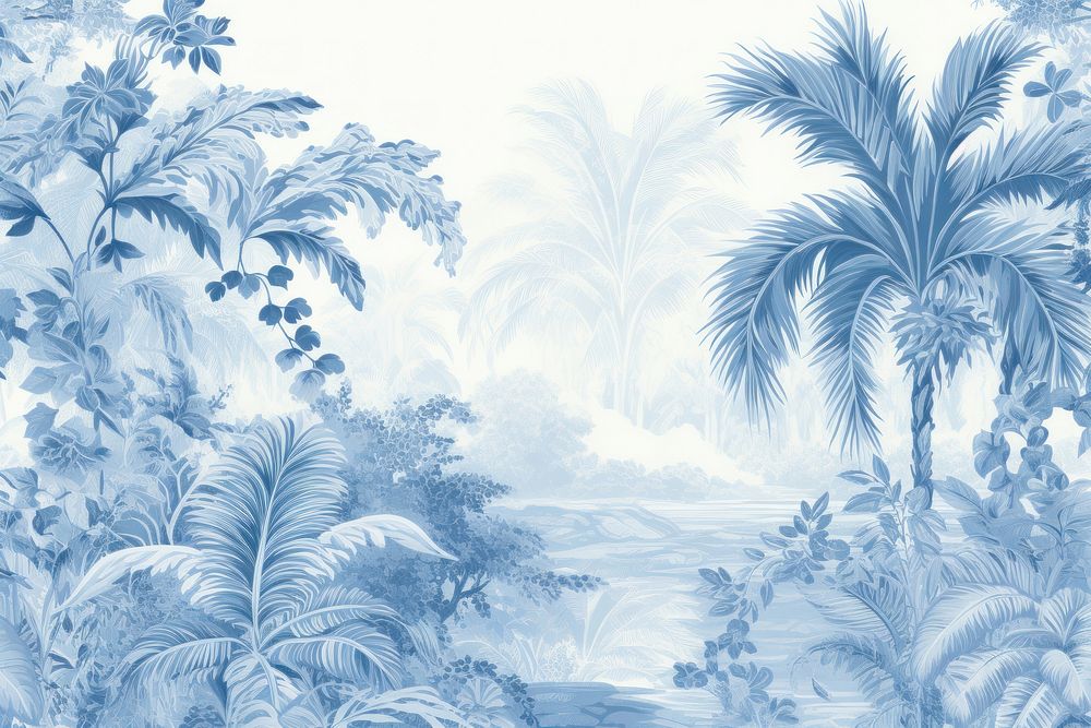 Blue jungle toile landscape pattern nature.