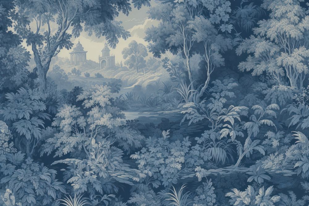 Blue jungle toile landscape outdoors painting.