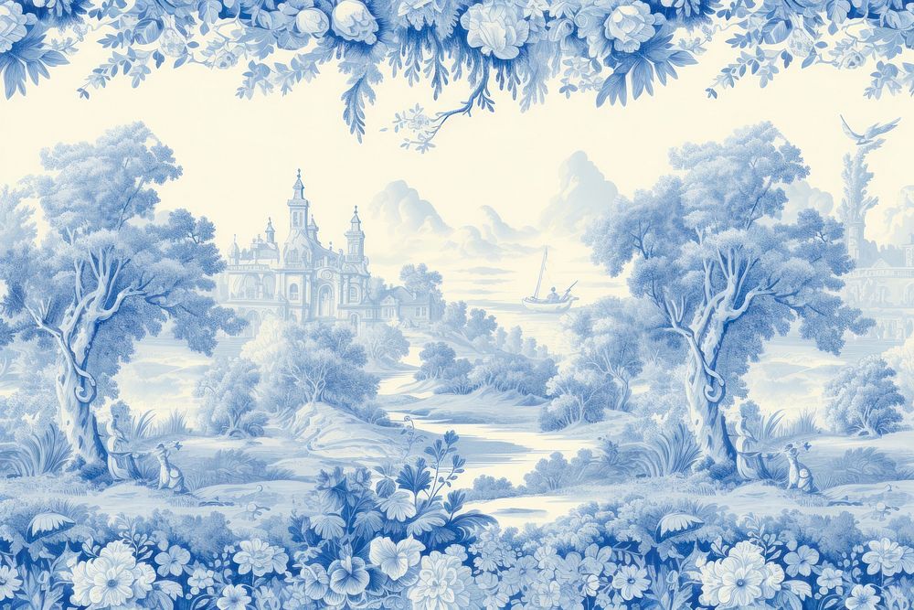 Blue toile wallpaper landscape painting.