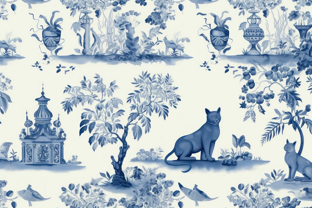 Blue toile wallpaper pattern mammal.