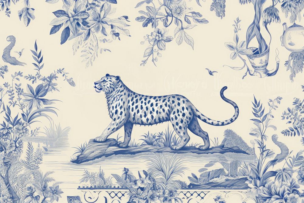 Blue toile leopard pattern mammal.