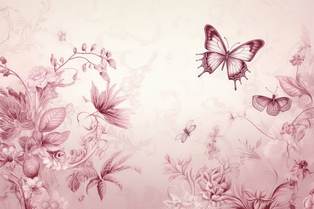 Pink butterfly toile wallpaper pattern flower.