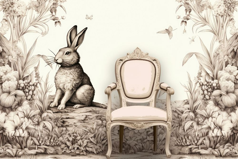 Rabbit toile wallpaper furniture drawing.