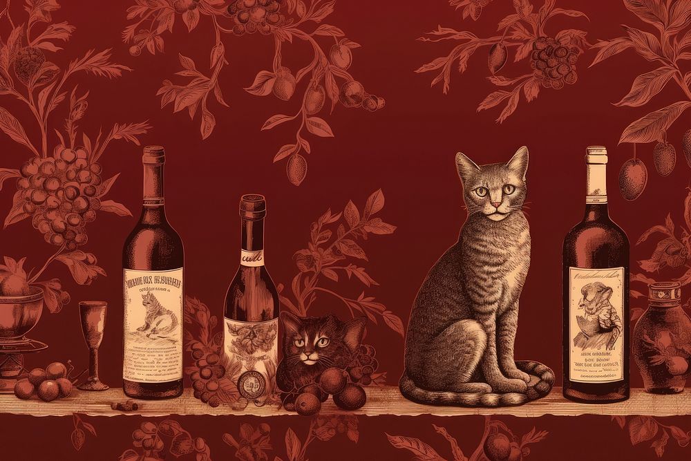 Red wine bottle toile wallpaper feline mammal.