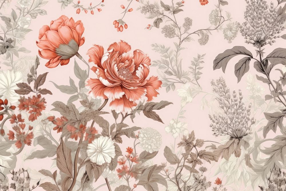 Spring flowers toile wallpaper pattern plant.