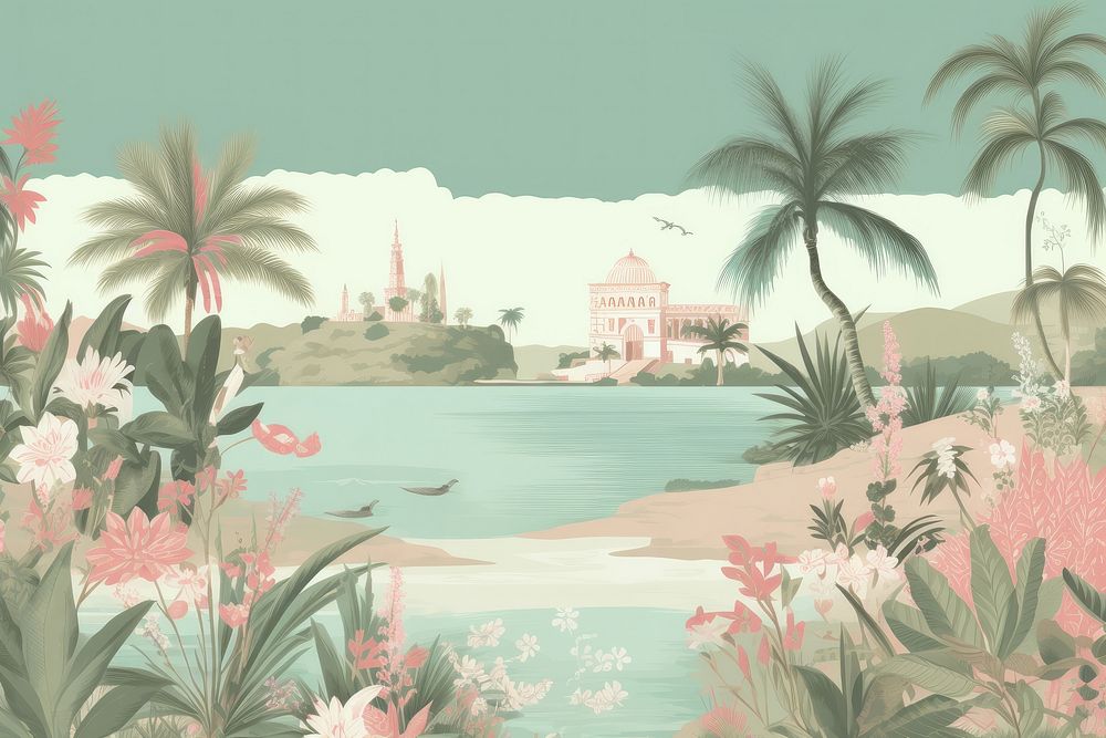 Tropical beach toile landscape outdoors painting.