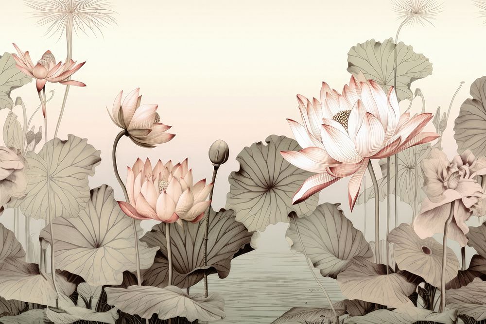 Water lily toile pattern flower plant.
