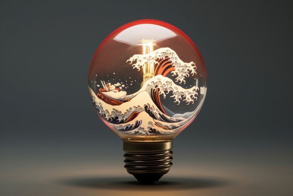 Light bulb with Japanese wave lightbulb innovation illuminated.