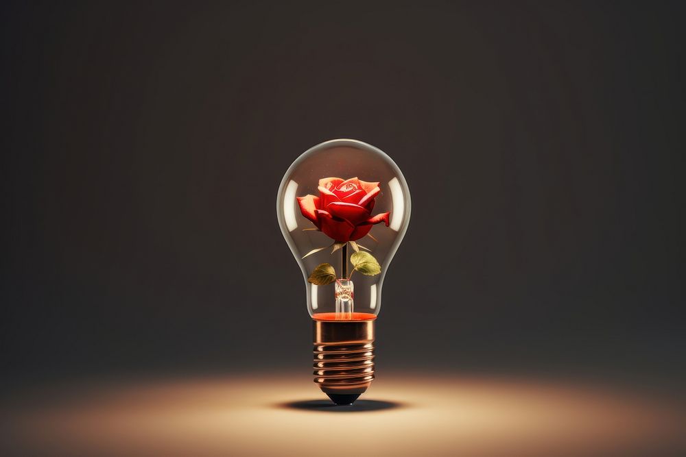 Light bulb with red rose lightbulb innovation illuminated.