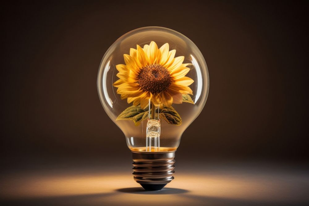 Light bulb with sunflower lightbulb innovation inflorescence.