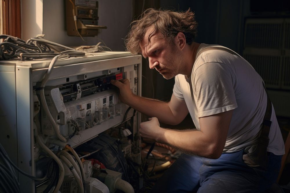 Handyman fixing aircon adult concentration electronics.