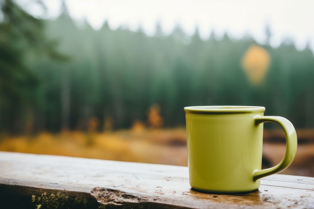 Camping mug mockup forest coffee drink.