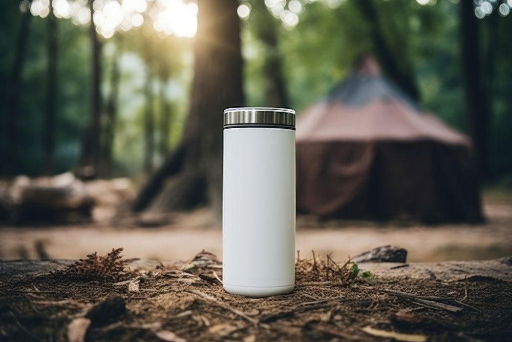 Camping mug mockup outdoors forest bottle.