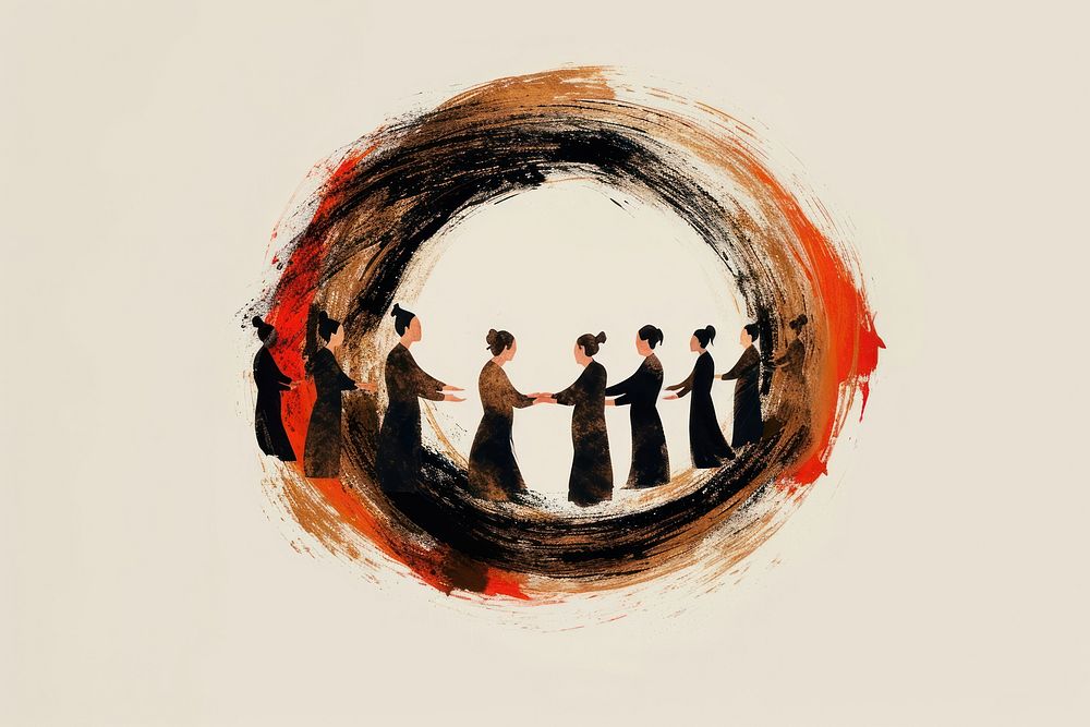 An acrylic stroke top with 6 people gather together to form a circle of 6 hands with one another element overlay painting…