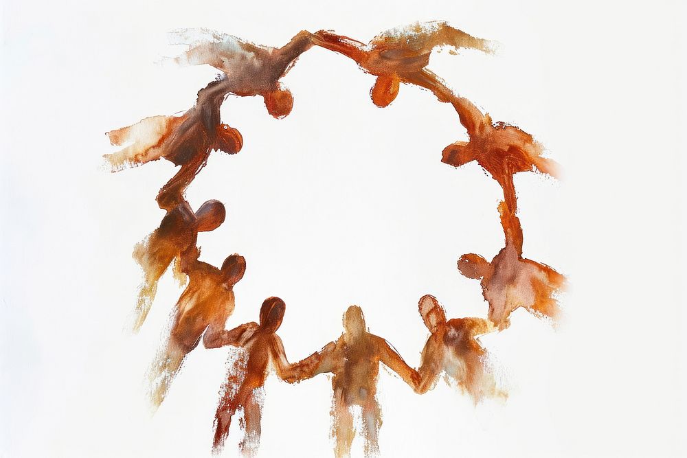 An acrylic stroke top with 6 people gather together to form a circle of 6 hands with one another element overlay art…