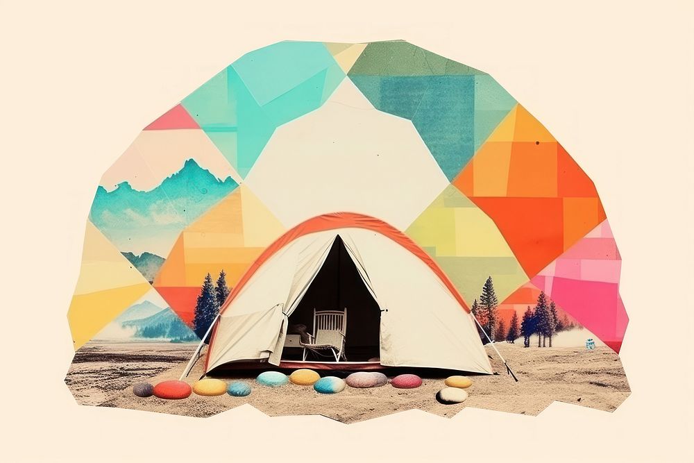 Collage Retro dreamy tent camping art architecture.