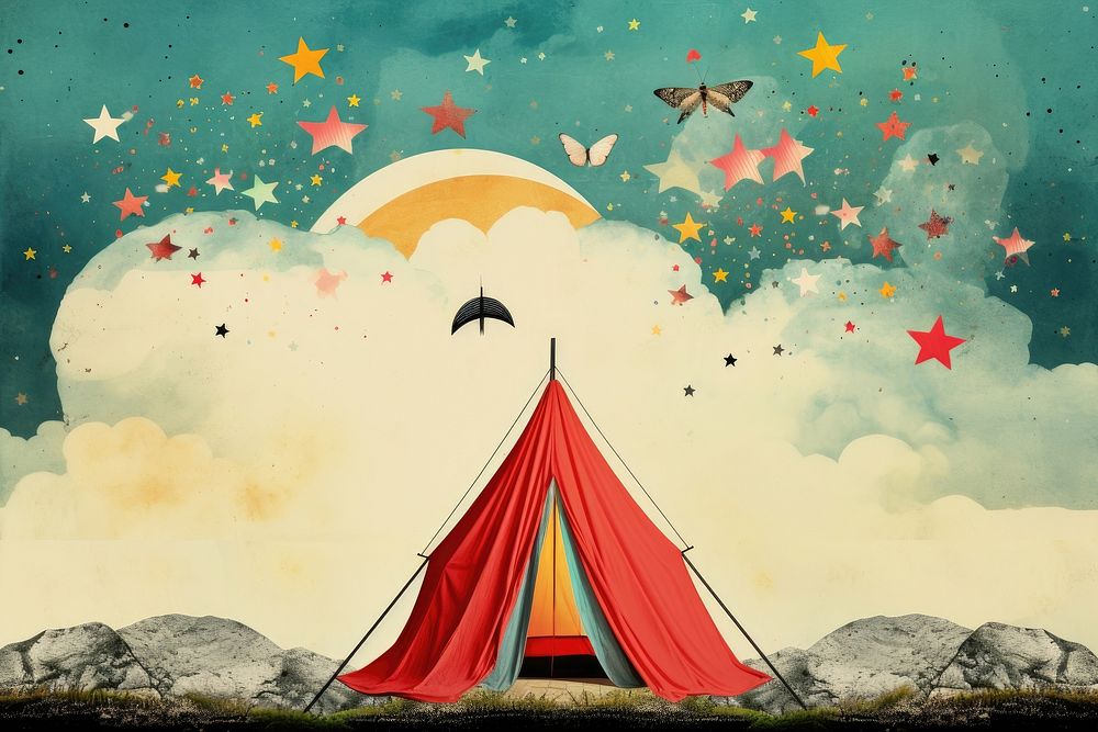 Collage Retro dreamy tent outdoors art creativity.
