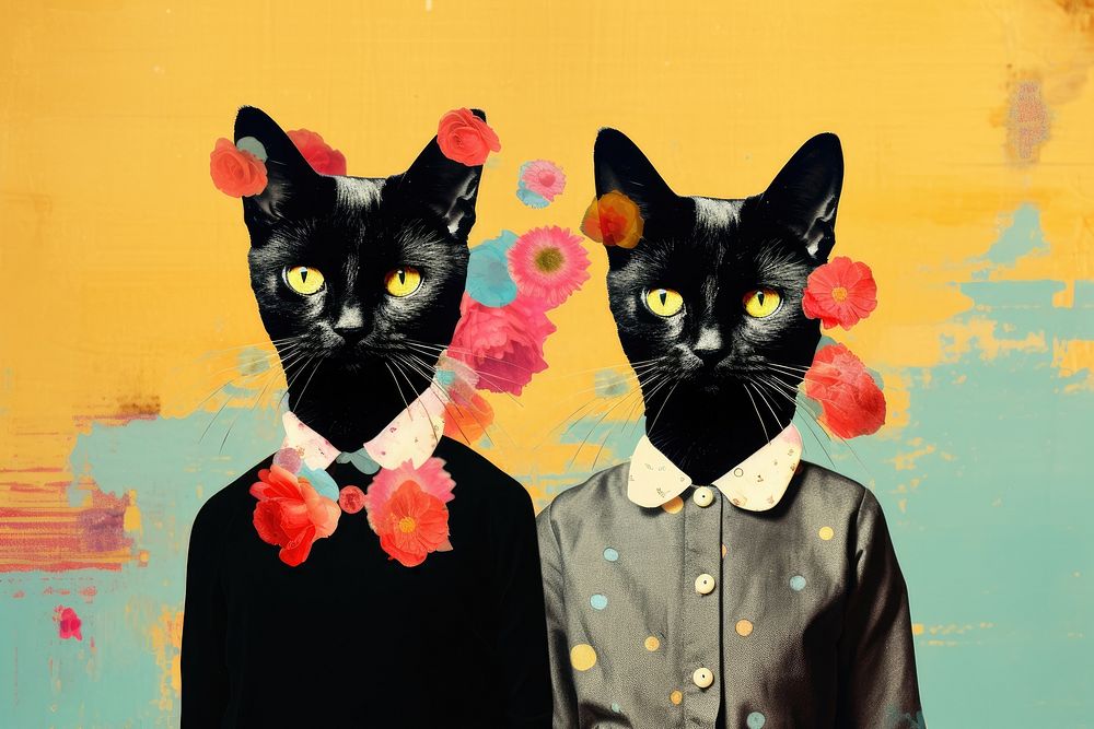 Collage Retro dreamy cats art painting animal.