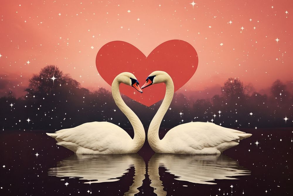Retro dreamy swans love bird togetherness.