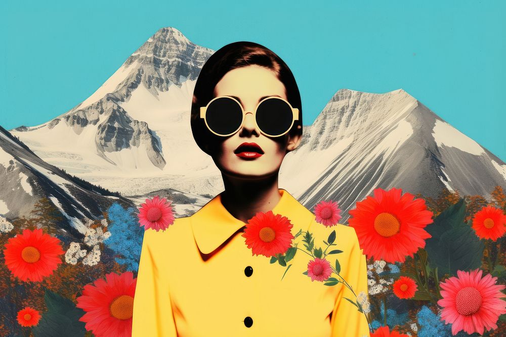 Collage Retro dreamy female sunglasses mountain portrait.
