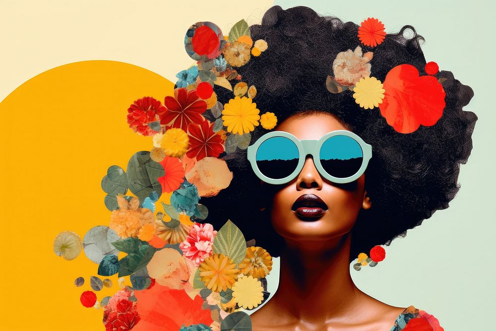 Collage Retro dreamy black woman art sunglasses portrait.