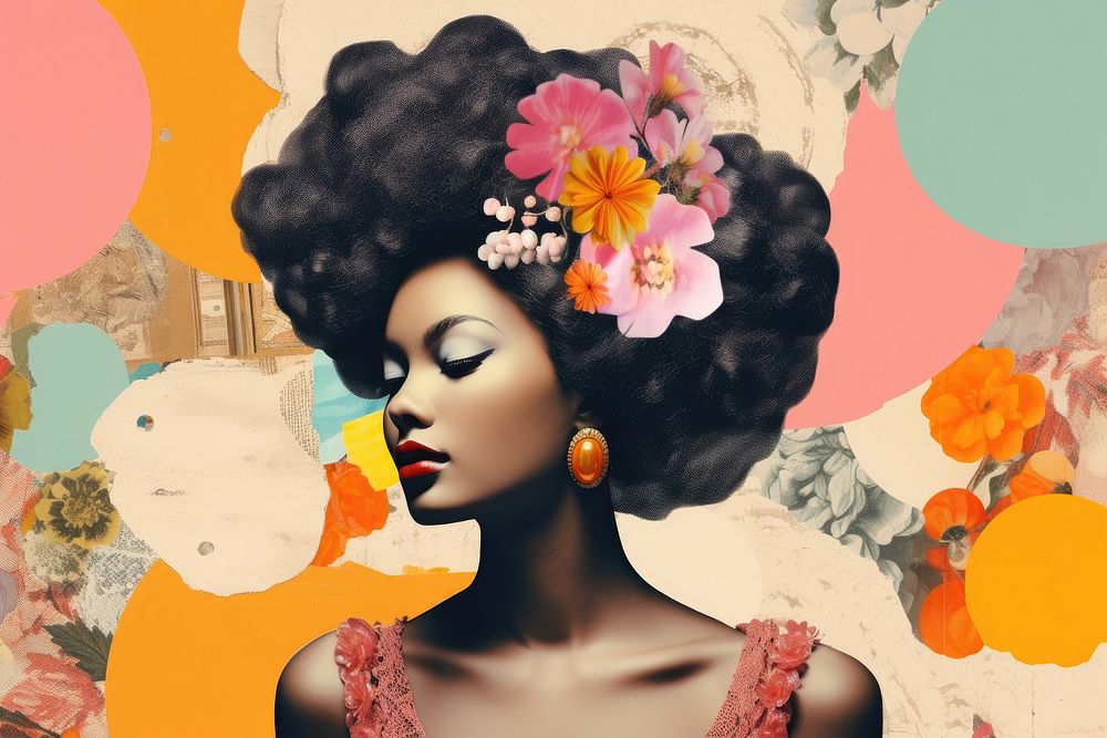 Collage Retro dreamy black woman art painting portrait.