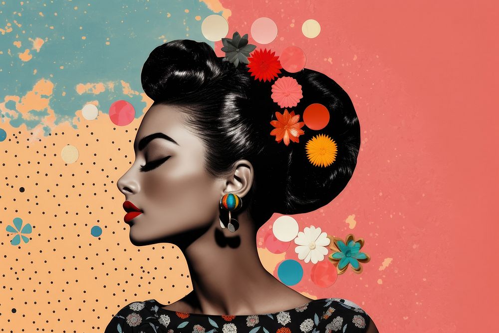 Collage Retro dreamy black woman art portrait earring.