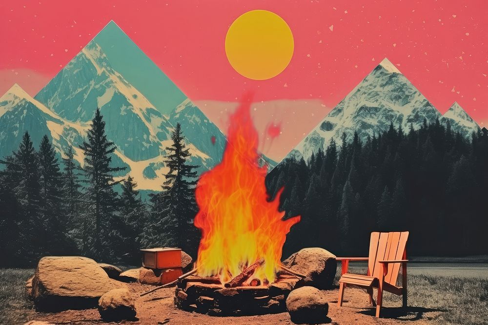 Collage Retro dreamy campfire outdoors bonfire camping.