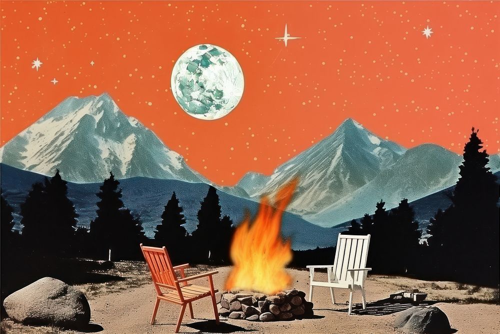 Collage Retro dreamy campfire astronomy mountain outdoors.